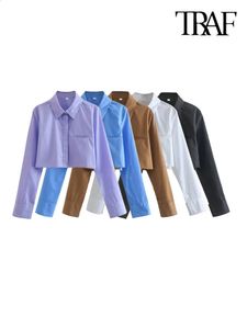 TRAF Women Fashion Loose Cropped Shirts Vintage Long Sleeve Front Button Female Blouses Blusas Chic Tops 240229