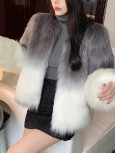 Furt gradient przycięty faux fur płaszcz kobiety jesienne zima puszysta misia kobieta moda moda luksusowe krótkie płaszcze długie rękawowe ciepły płaszcz