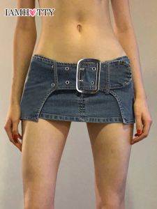 Kjol iamhotty låg midja denim mikro kjol med bälte blå aline korta jeans kjolar fairycore grunge bottnar y2k miniskirt sexig sommar