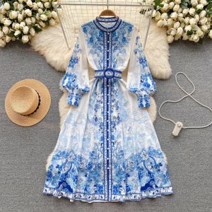 Women's autumn and winter lantern sleeve round neck single-breasted waist print dress S M L XL 2XL