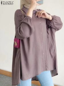 Tops ZANZEA Fashion Turkey Hijab Muslim Blouse Woman Vintage Solid Shirt Bat Sleeve Lapel Neck Tunic Tops Elegant Party Chemise 2023