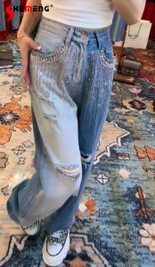 Kot Niş Tasarım Gevşek Yırtık Kot 2023 İlkbahar ve Yaz Yeni Ağır Endüstri Boncukları Sıcak Sondaj Kadınsı Gradyan Geniş Bacak Pantolon
