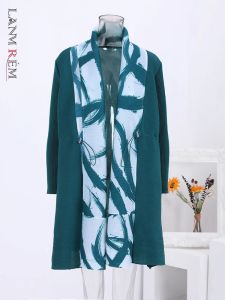 Trench Lanmrem Fashion Print veckad Mid Length Trench Women Scarf Collar DrawString samlade midja vindbrytare 2024 Autumn New 32C118