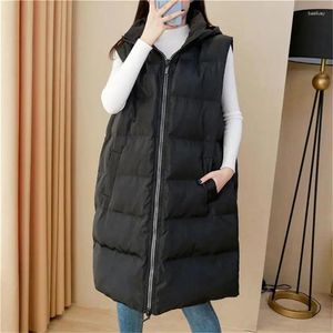 Kvinnors västar 2024 Autumn Winter Long Parkas Women Hooded Cotton vadderad väst ärmlös jacka Löst tjock varm kappa Kvinnlig Wasitcoat R456