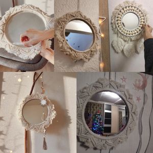 Boho rame espelhos decorativos redondos decoração estética pendurado espelho de parede para quarto sala estar decoração casa