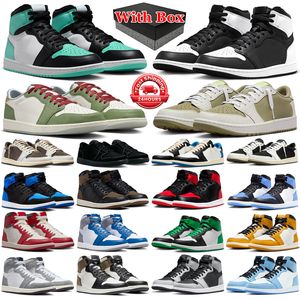 With box 1s jumpman 1 basketball shoes men women Black White Olive UNC Toe Yellow Ochre Satin Bred Patent Lost and Found Palomino mens trainers sports outdoor snekaers