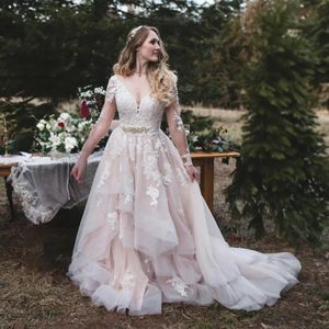 Plus Size Champagne V-Neck Wedding Dress 2024 Corset Back Long Sleeves Lace Appliques Bridal Party Gowns Vestidos De Novias