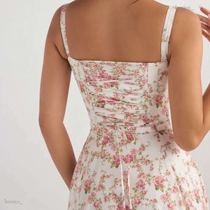 Casual Dresses Corset Dress Split kjol Bow Tie Chest Frill Detaljer Skriv ut blommiga midi -klänningar Back Lace Up Robe Clothing Women's Summer Long Dress 977