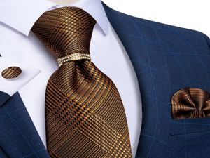 Bow Ties Silk For Men Lxury Gold Black Tie Set Houndstooth Plaid Neck Handkerchief Cufflinks Marrige Accessories Ring1285899