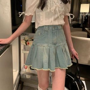 Dresses Houzhou Vintage Denim Mini Skirt Women Distressed Fringe Sweet High Waist Temperament Aline Pleated Skirt Summer Japanese Style