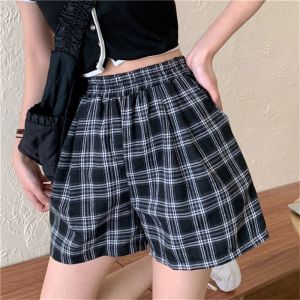 Shorts Xpqbb Neue Sommer Plaid Shorts Frauen Koreanischen Stil Lose Elastische Taille Breite Bein Kurze Hosen Unisex Einfache Studenten Casual Shorts