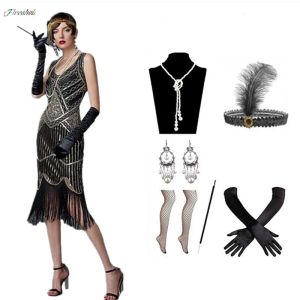 Klänning 1920 -talets vintage klaffflickor Gatsby Party Dress for Women U Neck Sleeveless paljett Tassels klänningar med fläkthalsbandstillbehör