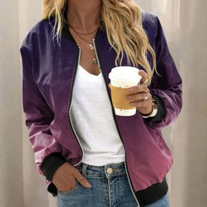 Jackor Floral Gradient Bomber Jackets For Women Elegant Office Ladies Slim Jackets 2023 Autumn Stand Collar Zip Up Coat Outwear Vestes