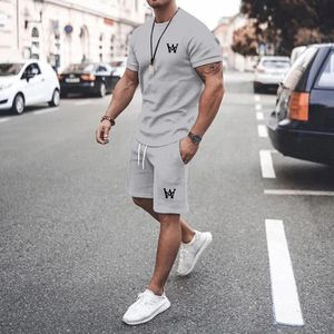 Homens roupas de verão 2 peça define moda manga curta camisetas musculares e shorts praia conjunto esportes treino para 240227