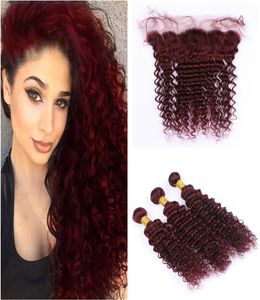 99J Глубокие волнистые волосы с кружевной фронтальной частью Бразильские девственные волосы Глубокие волнистые вьющиеся волосы 99j Винно-красные волосы 3 пучка с фронтальной бордовой расцветкой7058966