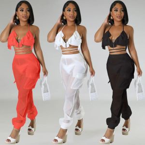 Anzüge 2023 Sommer Neue Strand Spitze Up Bikini Sets Frauen Badeanzug Chiffon Tasche Hosen Set Sexy 3 Stück Anzug Strand urlaub Frauen Outfit