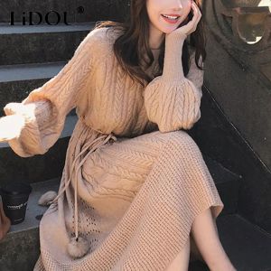 Klänning Autumn Winter Elegant Fashion AllMatch Sweater Dress Women Lantern Sleeve Loose Casual Knitting Robe Vestido Simple Dresses