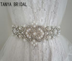 Verklig bild Beaded Pearls Wedding Sashes Bridal Dress Luxury Rhinestone White Ribbon Weddings Belts Tillbehör 100 Handgjorda XQ29420145