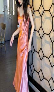 Ordi Summer Women Long Satin Slip Dress Spaghetti Strap Party Dress Vintage Pink Gold Black Silk Sexy Maxiドレス2103236067878