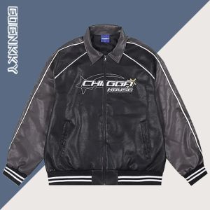 Jaquetas Bomber Mulher Couro Varsity Jaqueta Americana Vintage Motocicleta Jaqueta De Couro Casal Bordado Cor Bloco Casaco Primavera Outono