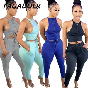 Suits Fagadoer Halter Two Piece Set Women Sleeveless Slim Draw String Crop Tops+Leggings Pants Pass Party Club Outfits Summer 2021