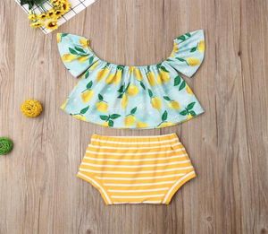 16Y Summer Toddler Kids Baby Girl Clothes Sets Lemon Print Off Shoulder Top Shorts Pants Outfit Set8426694