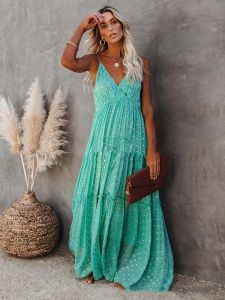 Vestido de verão sem mangas longo feminino com decote em v cinta de espaguete maxi vestido boho sem costas vestido plissado solto vestido de praia robe femme