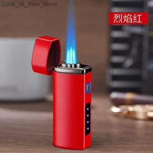 Lighters Creative USB 3 Jet Turbo Flashlight LED Charging Gas Light Windproof Barbecue Kitchen Cigar Light Spray Gun Smoking Accessories Gift Q240305