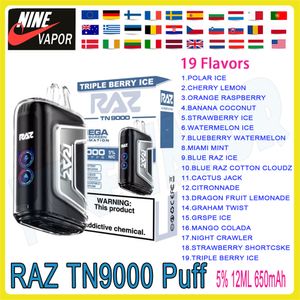 Original RAZ TN9000 Puff Descartável Vape Pen Cigarro Eletrônico 12ml 19 Sabores 650mAh Dispositivo Recarregável Puff 9k Vape kit Atacadista