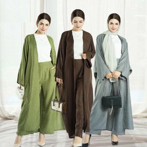 Ethnic Clothing 2PCS Muslim Women Kimono Cardigan Abaya Wide Leg Pants Outfits Ramadan Kaftan Dress Dubai Turkey Robe Gown Eid Islam