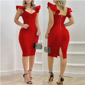 Dress Women Square Neck Dress Bodycon Butterfly Short Sleeve Solid Color Zipper Mini Summer Spring Dress