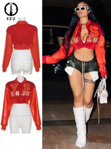 Jackets Letter Embroidery Red Coat PU Leather Patchwork Bomber Jacket Women Long Sleeve Buttons Slim Crop Tops Baseball Coat Outwear Y2K