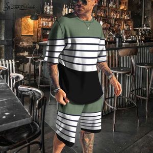 Tracki męskie nowe letnie w stylu Stripe Mens HARAJUU Zestaw jogging uliczny Ubranie T-shirt Zestaw Track 3D Oddychanie wygodne ubranie 6xl J240305