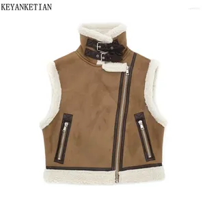 Couro feminino keyanketian inverno dupla face camurça de pele grosso colete retro assimétrico zíper fino colheita outerwear topo