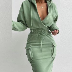 Sweatshirts Casual Long Sleeve Hoodies Dress Set Office Lady Spring Autumn Fashion Solid Sweatershirt Skirt Two Piece Set Women Outfit 2023