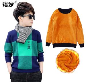 Boys winter velvet sweater kids Warm Pullovers plush inside Knitted Loose jacket 413T teenage plaid Oneck sweaters Y2009013028042