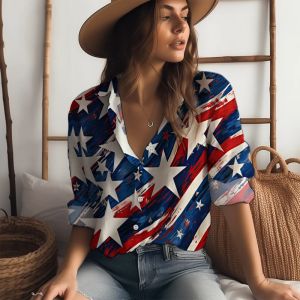 Camisa com estampa 3d da bandeira americana, camisa clássica de manga comprida para primavera e outono, camisa feminina da moda de rua com botão regular