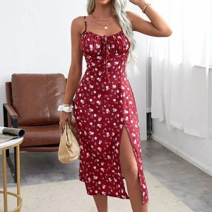 Kleid Casual LaceUp Blumendruck Sommerkleid Sexy Strappy Hight Split Boho Kleider Rückenfreie Urlaub Sommerkleider Frauen Robe Femmes