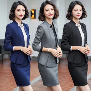 Kostymer Izicfly Autumn Formal Business Summer Clothes for Women Suits Office Set med kjol 2 stycken Elegant arbete bär grå