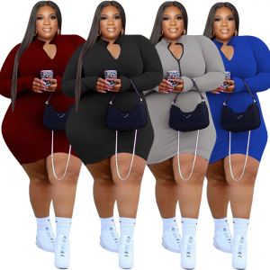 Vestido sexy vestidos roupas femininas pit strip algodão sólido manga longa zíper gola mini vestido casual mulher gorda plus size