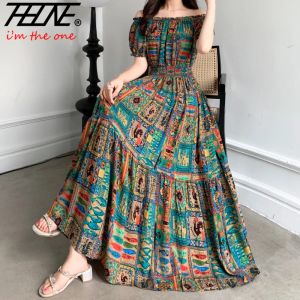 Ubierz Thhone vestidos szat Maxi długa sukienka Kobiety Summer Indian ubrania bohemian bawełniany lniany kwiatowy krótki rękaw koreański styl swobodny