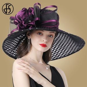 Fs roxo senhoras fascinator chapéus casamento kentucky derby chapéus para mulheres chapéus de flores grande borda larga fedora organza chapéu igreja 201102852