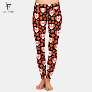 Leggings letsfind marca moda menina calça preta maple leaf impressão elástica feminina cintura alta leggings venda quente