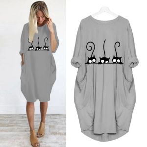 Dress 2022 Pocket Loose Woman Dress Vintage Fall Midi Clothes Party Casual Pregnant Korean Fashion Clothes Kawaii Cat Cartoon Dresses