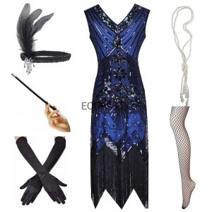 Dress 1920s Flapper Dress Great Gatsby Party Evening Sequins Fringed Dresses Gown with 20s Accessories Set Headband Pearl Necklace 20