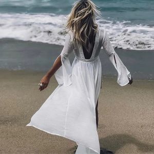 Abito AYUALIN 2020 Copricostume bianco per donna Tunica in pizzo di cotone sexy Senza schienale trasparente Abito copricostume Grembiule da spiaggia Copricostume da bagno