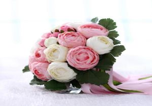 4 Färg Tillgänglig vacker rosa grön vit gul bröllop bukett konstgjord blomma med band brudbukets bukett av brud7491485