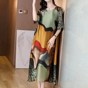 Dress Fashion Round Neck Geometric Printing Half Sleeve Thai Style Summer Loosefitting Pullover Straight MidCalf Dresses Female