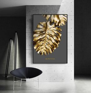 3 Panels Nordic Golden Abstrakte Blatt Blume Wandkunst Leinwand Malerei Schwarz Weiß Federn Poster Drucke Wandbild für Wohnzimmer Ro1557196
