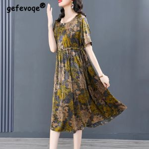 Dress Vintage Floral Print Lace Up Elegant Party Ladies Dresses Summer Women Fashion Short Sleeve Loose High Waist Midi Dress Vestidos